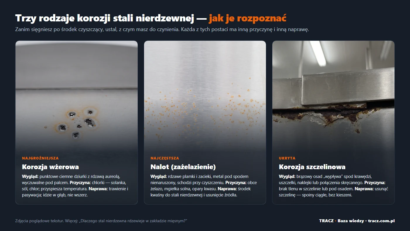 Trzy rodzaje korozji stali nierdzewnej: wżerowa, nalotowa i szczelinowa — makrofotografie tekstur z opisem