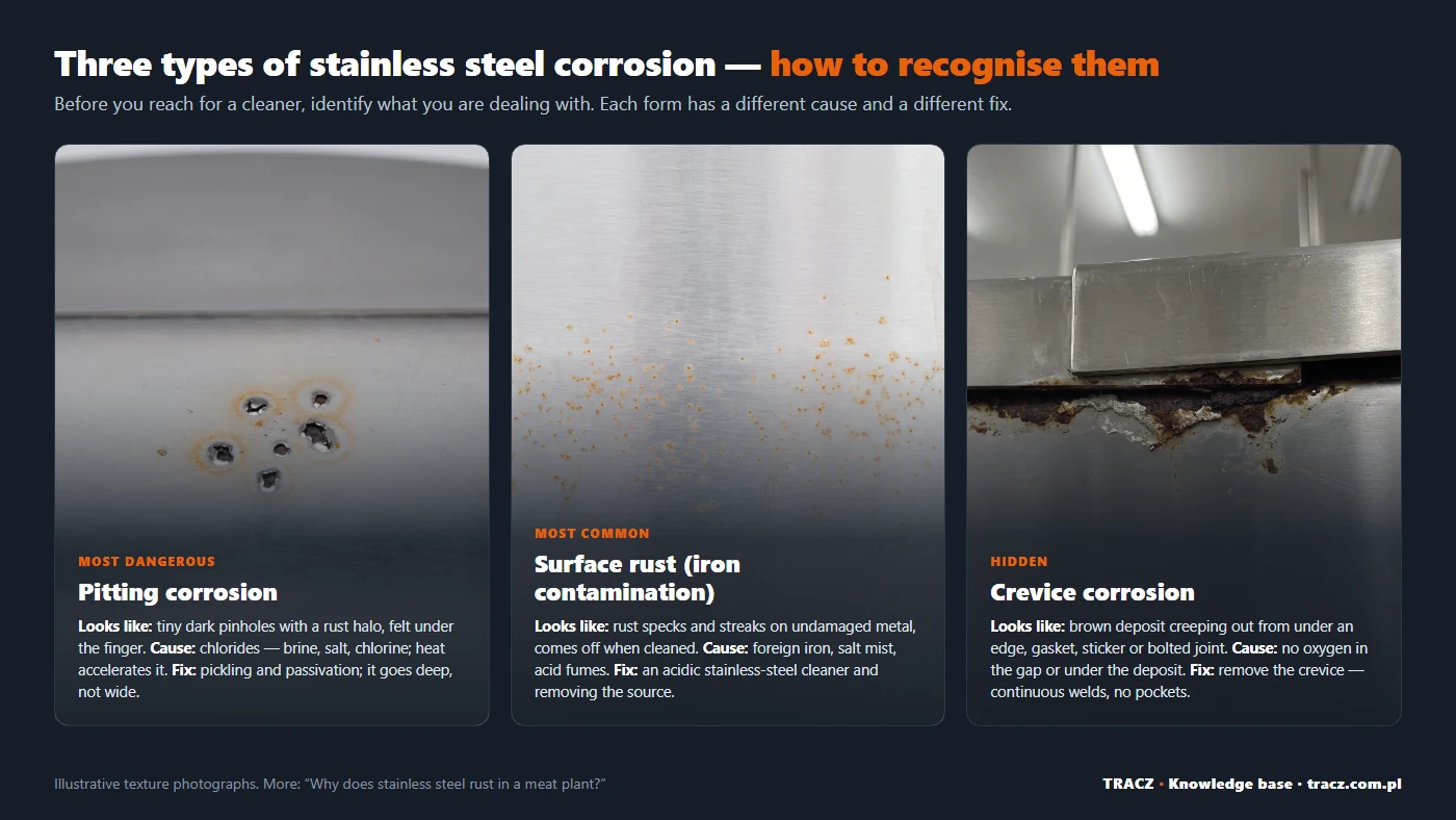 Three types of stainless steel corrosion: pitting, surface rust and crevice corrosion — annotated macro textures